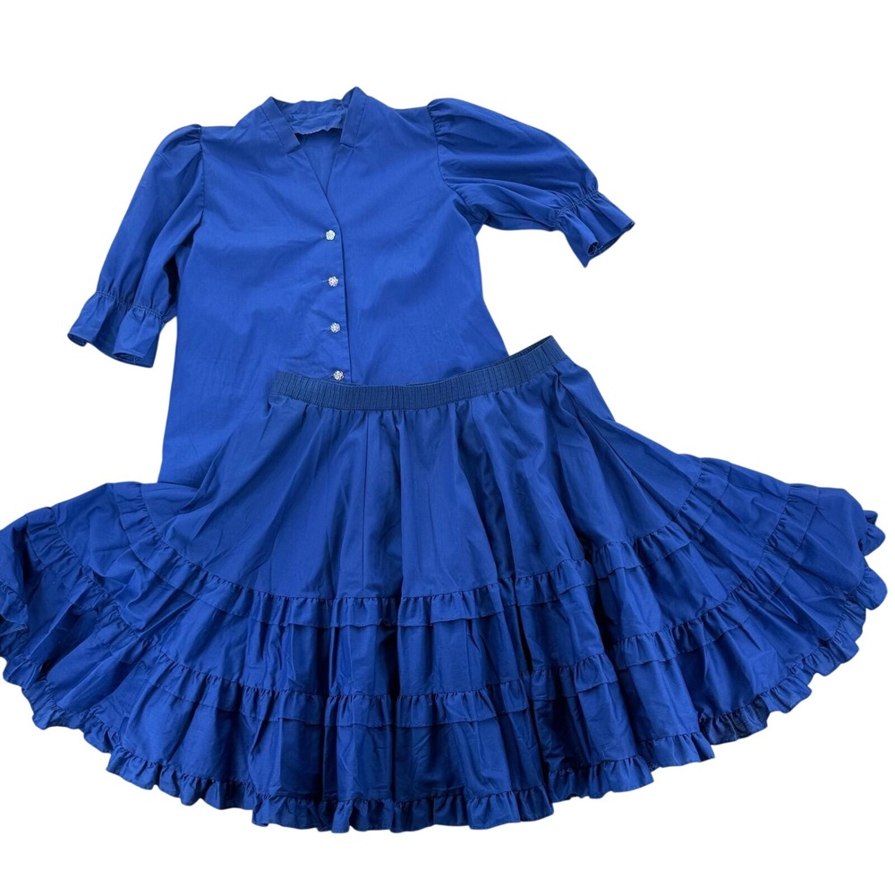 Vintage Square Dance 2-Piece Western Prairie Royal Blue Full Circle Skirt Blouse